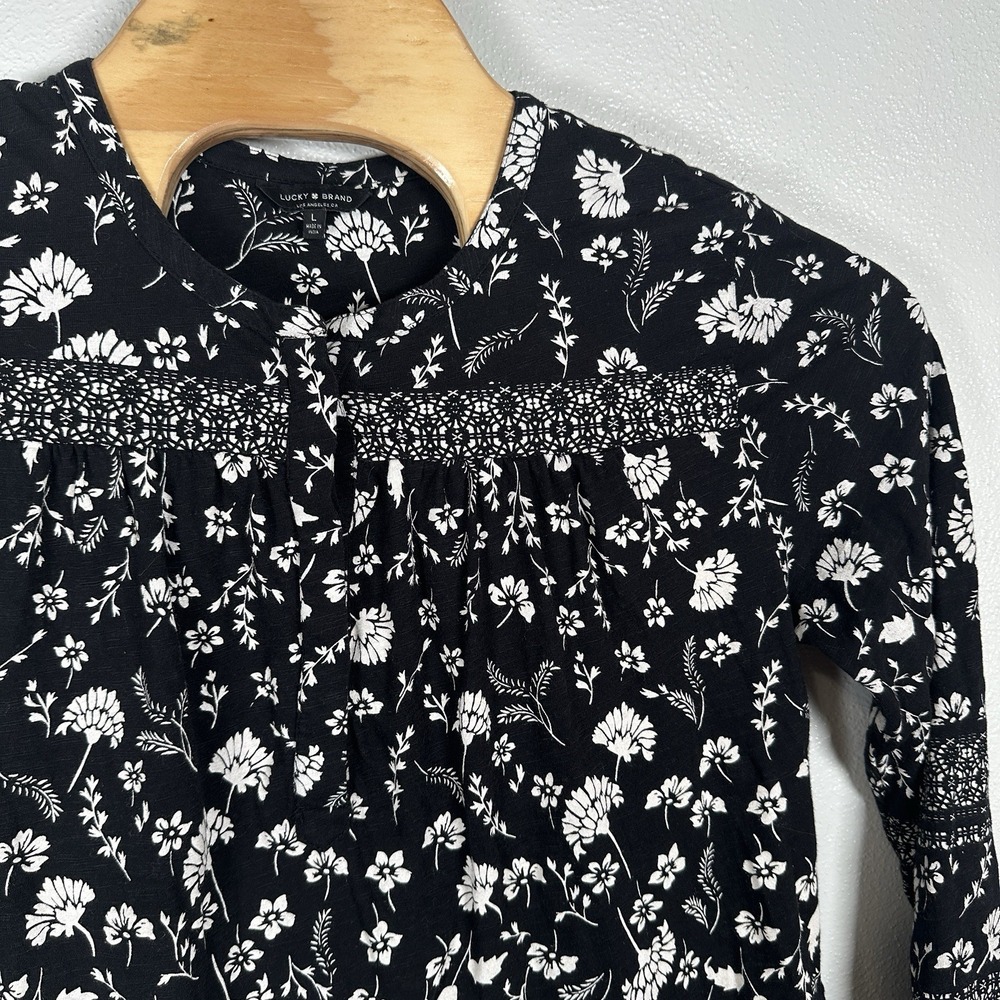 Lucky Brand Popover Top Size Large Black Cream Floral Cotton Peasant Long Sleeve - Picture 2 of 6